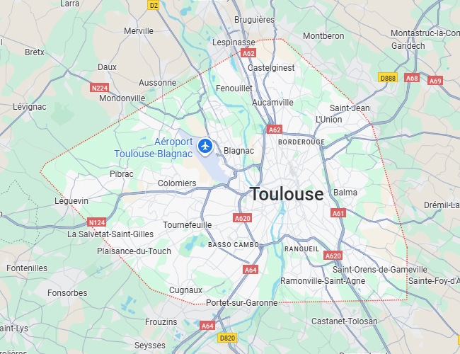 Carte Toulouse : Aéroport Blagnac, autoroutes A62, A61, N124 Carte de Toulouse et sa périphérie : Aéroport Blagnac, autoroutes A62, A61, A64, N124. Villes environnantes et périmètre de service rouge.