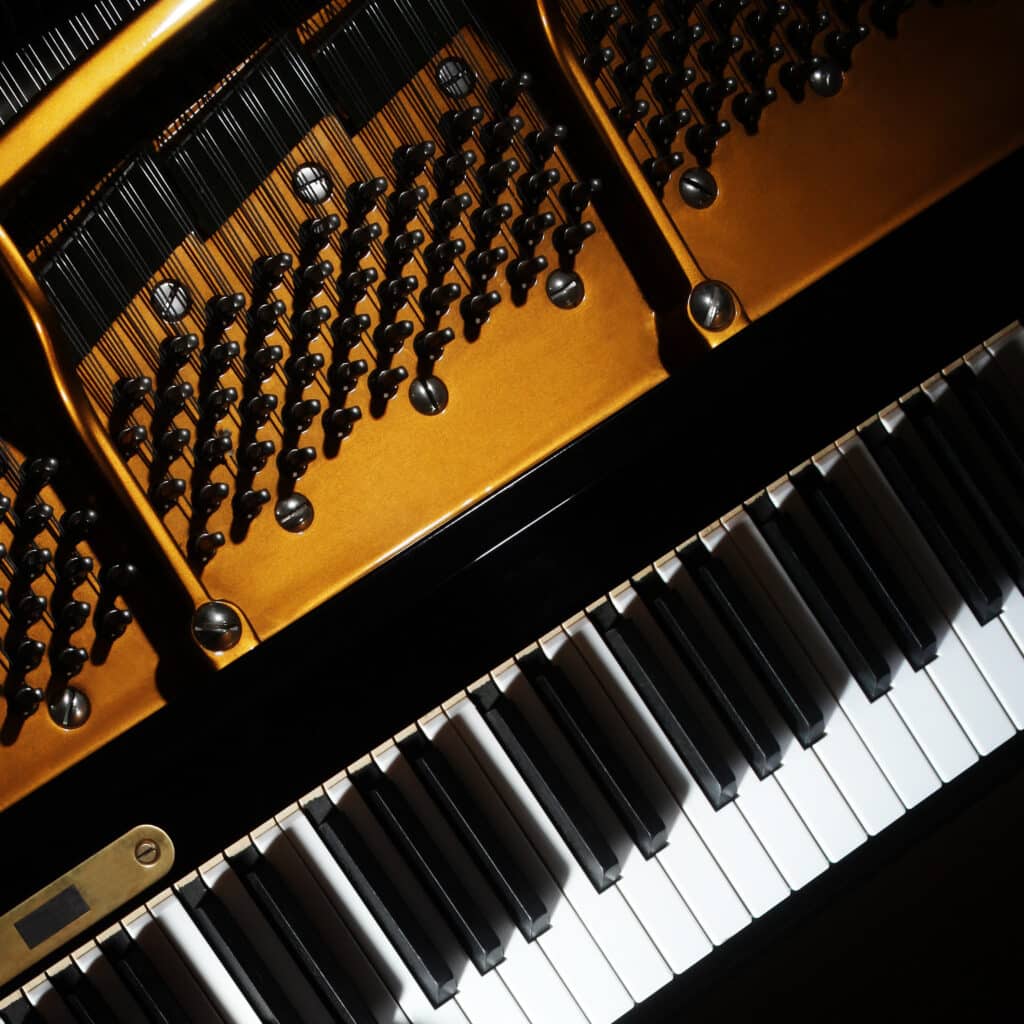 Intérieur d'un piano à queue : table d'harmonie dorée, cordes tendues, chevilles noires. Une section du clavier noir et blanc est visible en diagonale.